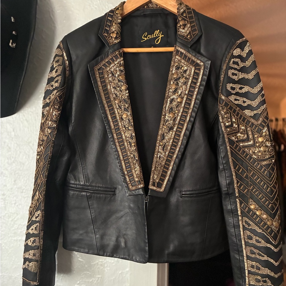 Scully Black Leather Jacket with Gold Beaded Embroidery
